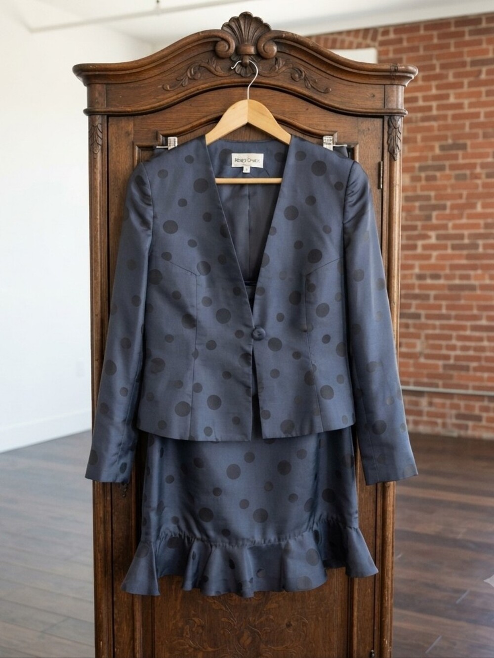 Basler Navy Polka Dot Tailored Blazer and Skirt Set